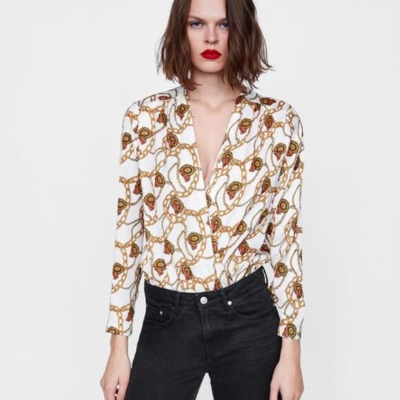 Zara Chain Print Long Sleeve Bodysuit Gold/White size S - Picture 1 of 14